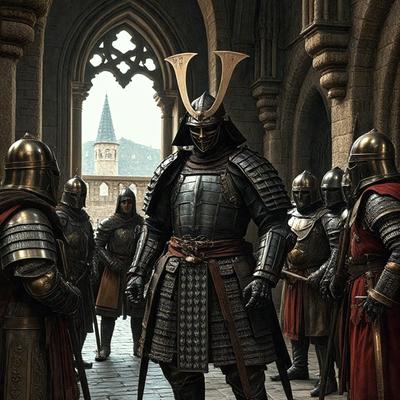 The primary subject of the image is a man wearing a suit of armor, standing in a hallway. The setting is a castle, with a stone wall visible in the background. The visual style is digital art, as the man is depicted in a detailed and realistic manner. The colors and mood of the image are dark and dramatic, with the man's armor and the castle's stone walls creating a sense of intensity and historical significance.